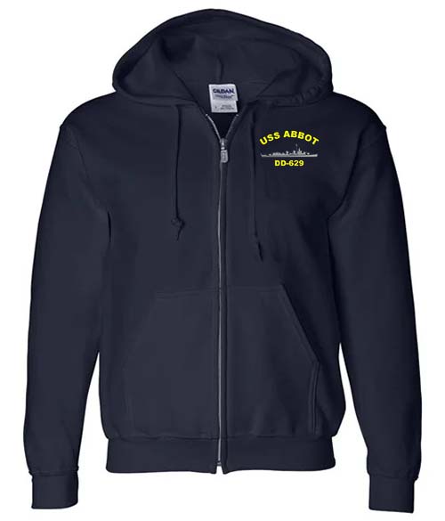 DD 629 USS Abbot Embroidered Zip Up Hoodie Sweatshirt